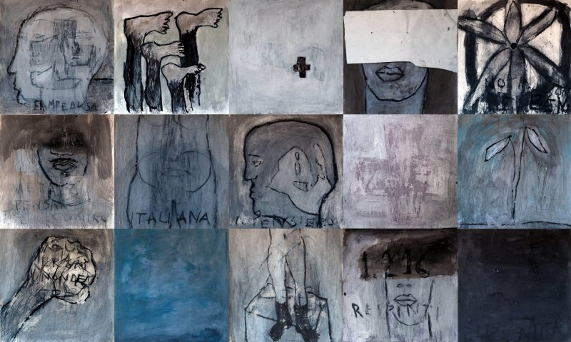 Lampedusa, 2009 tempera su carta, 15 pezzi di cm. 40x40